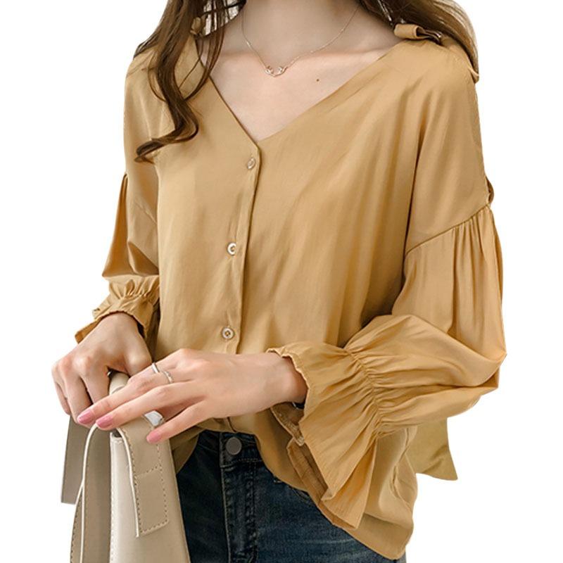 

Women's Blouses & Shirts Women Flare Sleeve Blouse Solid Color V Neck Long Cut Out Bow Off-shoulder Tops Autumn Elegant Shirt, As picture shows