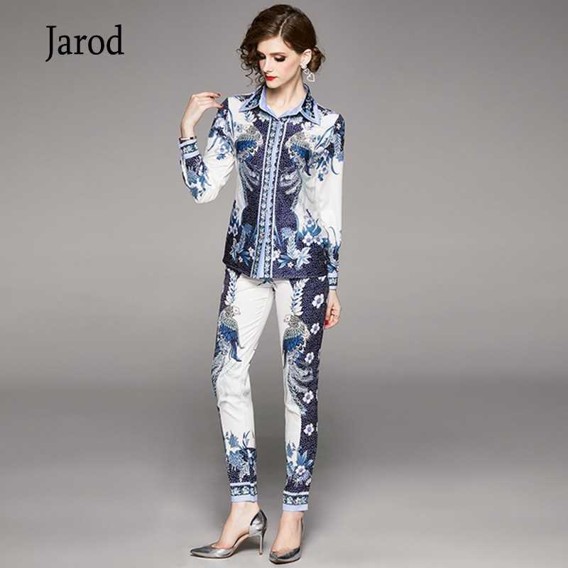 

Fashion Spring Women 2 Piece Set Lantern Sleeve Turn Down Collar Flower Print Belt Shirt Top+Pencil Pants 210526, Picture color