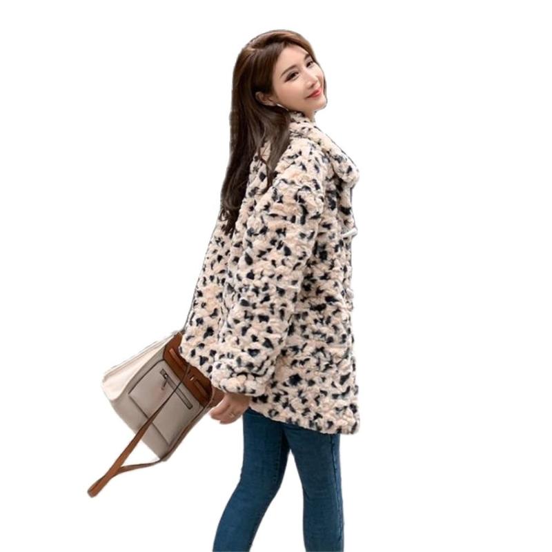 

Women's Fur & Faux Women Warm Outerwear Plush Jacket Winter Long 2021 Korean Version Loose Lamb Wool Leopard Print Coat, Black