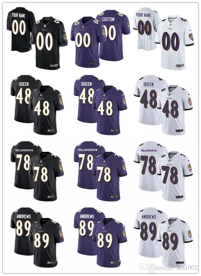 

Men Women Youth Baltimore Ravens 48 Patrick Queen 89 Mark Andrews 78 Alejandro Villanueva custom Purple Football Jersey, Black;red