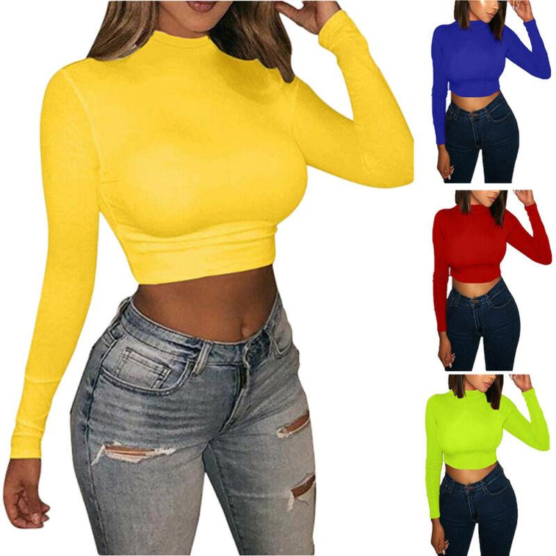 

Women's T-Shirt Fashion Bodycon Slim Fit Tshirt Women Solid Turtle Neck Long Sleeve Crop Top Red Blue Yellow Pullover Casual, White