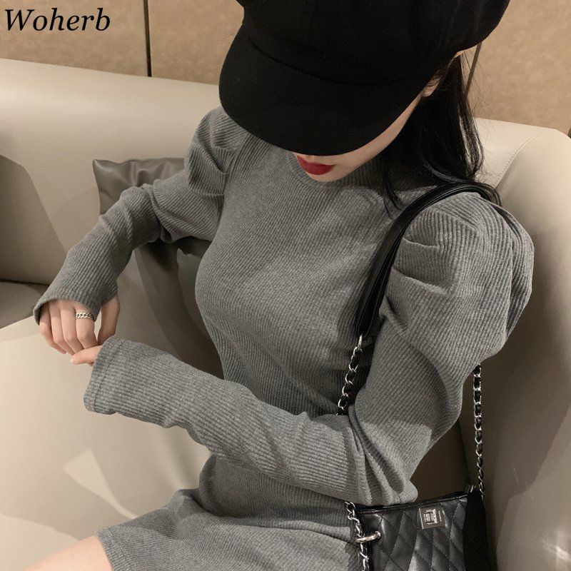 

2021woherb slim bodycon dress for women half turtleneck knit black mini woman dresses chic elegant robe puff sleeve vestidos, Black;gray