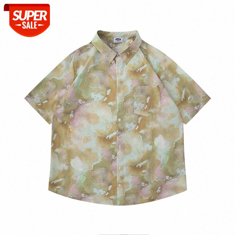 

Retro tie-dye flower shirt male Japanese Weiyi couple loose short-sleeved thin top half sleeve #Fl2u, White;black