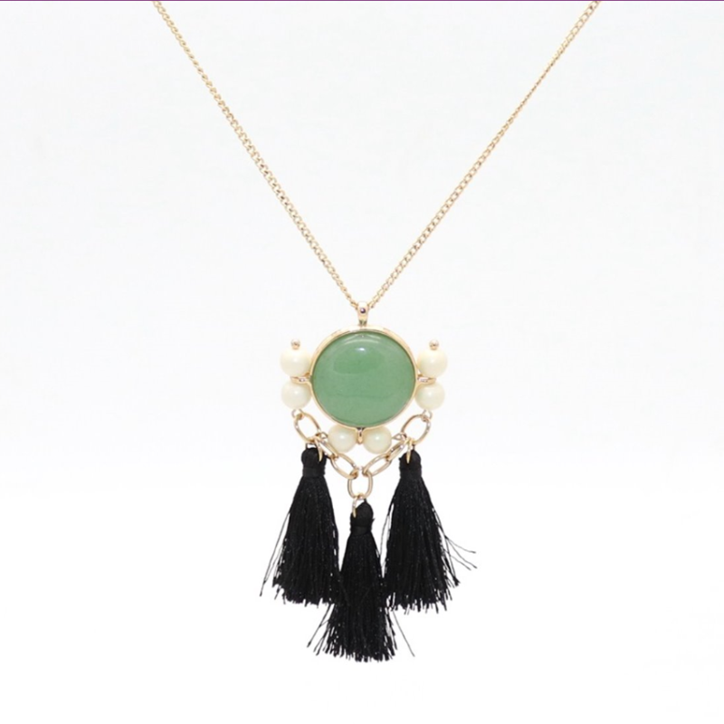 

Pendant Necklaces Light Yellow Gold Color Alloy Round Green Aventurine Link Chain Necklace With Imitation Pearl Jewelry
