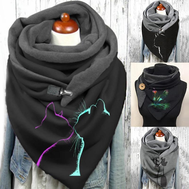 

Scarves Multicolor Women Cute Cat Print Scarf Lady Fashion Winter Warm Casual Soft Shawl Button Wraps Dustproof
