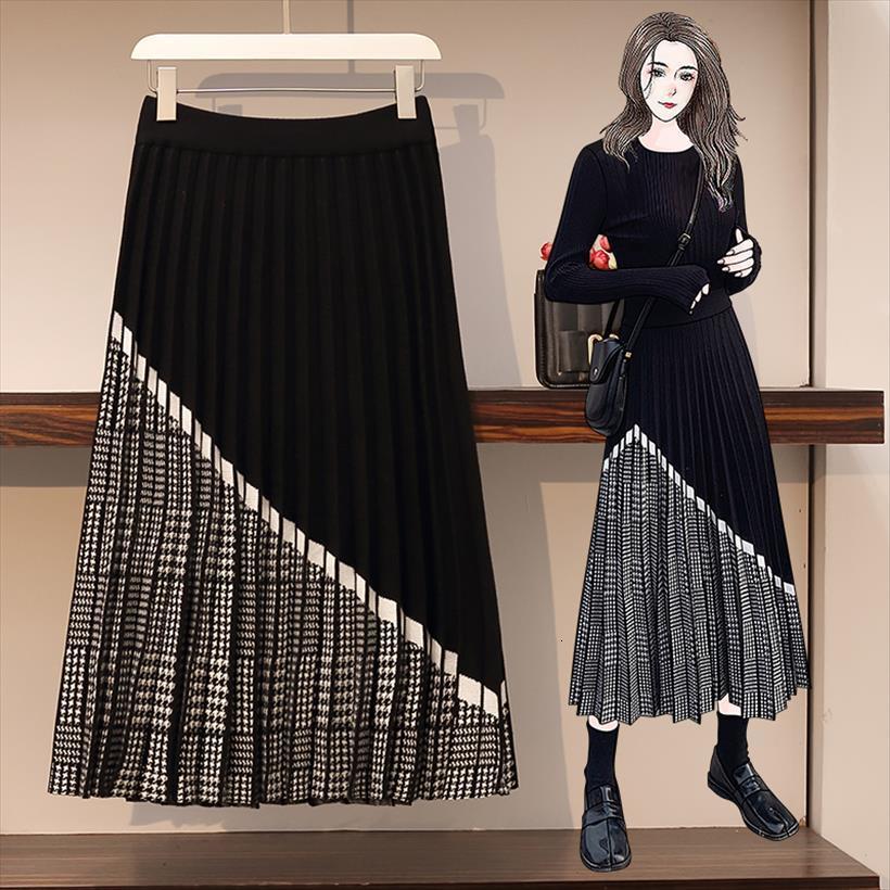 

jsxdhk s 5xl women skirt plus size knitted autumn winter houndstooth hit color patchwork plaid skirts black midi pleated