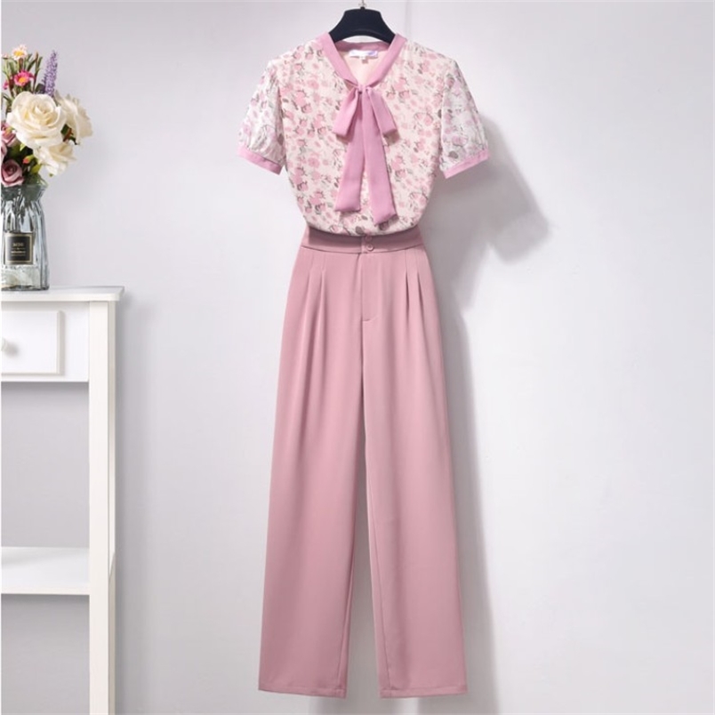 

Women Pant Suits Summer Sweet Pink Flowers Print Chiffon Bow Tie Shirt Top + High Waist Long Trousers Female 2 Piece Set 210519