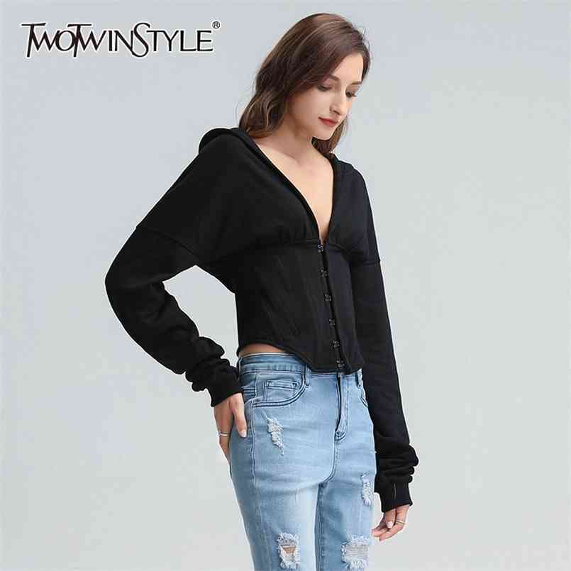 

Solid Chic Tunic Sweatshirt For Women Hooded Collar Long Sleeve Casual Sweatshirts Female Fashion Spring 210524, Black