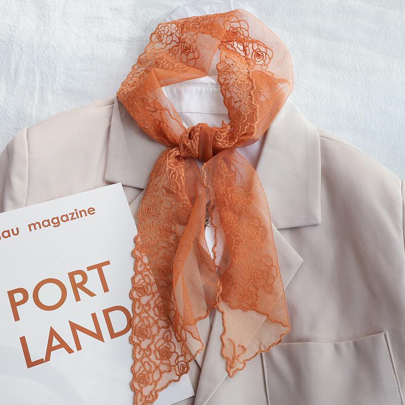 

Scarves 2021Korean Lace Small Rose Embroidery Narrow Long Scarf Women's Decorative Pure Color Hair Decoration Silk, Blue;gray