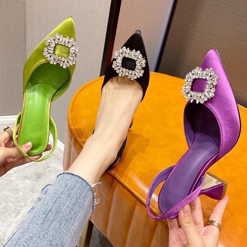 

Dress Shoes Women Sandals Fashion Brand Crystal Buckle Designer High Heel Pointed Toe Slip On Slingback Pumps Ladies, Purple