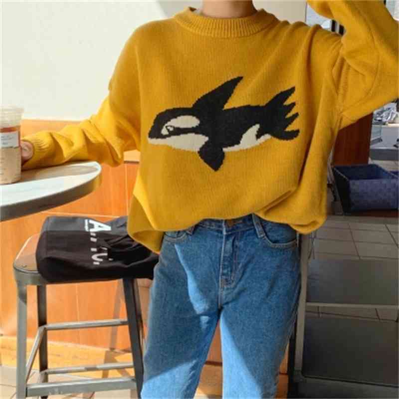 

Korean Dolphin Jacquard Women Sweaters Tops Autumn Winter Long Sleeve O-neck Funny Fashion Loose Pullovers Jumpers Femme 210518, Yellow