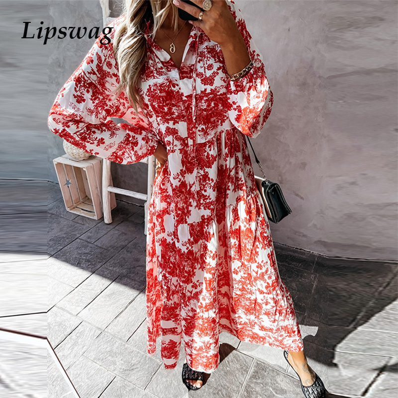 

elegant print long sleeve party dress new spring summer casual women loose maxi dress fashion dstring v-neck beach long dresshigh quality, Black;gray