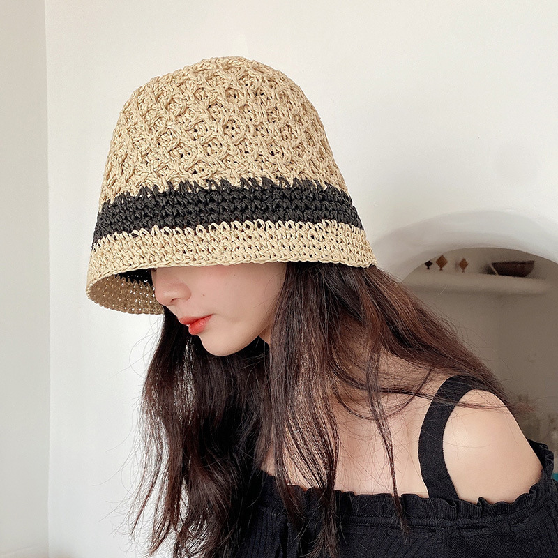 

2021 new summer color contrast hand hook straw hat female summer vacation bucket fisherman's hat Beach Cover, Black