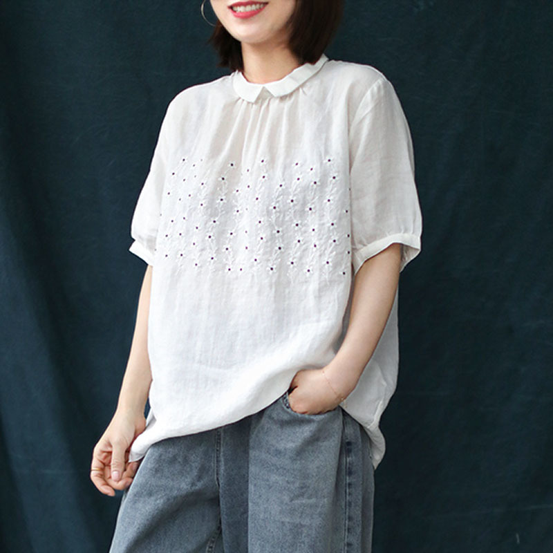 

Johnature Summer Loose Leisure Retro Embroidery Turn-down Collar Cotton Linen Shirt Simple Fashion All-match Women Tops 210521, White