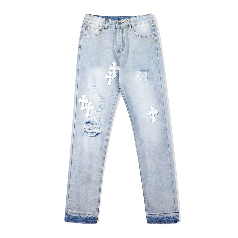 

2021ss high street tide vibe wind Cross Leather washing straight pants fog broken jeans, Light blue