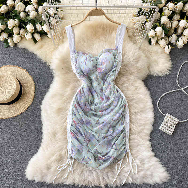 Two Piece Dress Women&#039;s 2021 Sleeveless Spaghetti Strap Lace-up Bandage Ruched Mini Summer Floral Print Fashion Streetwear Outfits-image-700513514