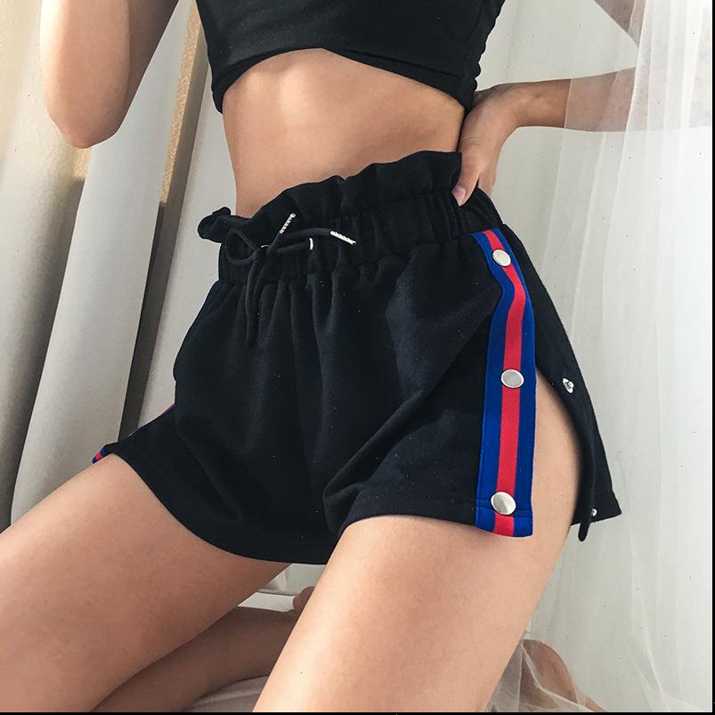 

womens shorts side button fashion split summer black patchwork high waist streetwear striped bottom sell, White;black