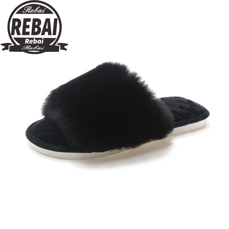 

Slippers Women Autumn Winter Woman Flat Shoes Faux Fur Furry Home House Non-slip Open Toe Lady Floor Slipper Flip Flops, Black