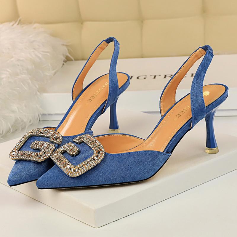 

Women Summer 7cm High Heels Sandals Lady Low Crystal Buckle Slingback Slides Wedding Prom Pumps Female Blue Red Shoes, Black