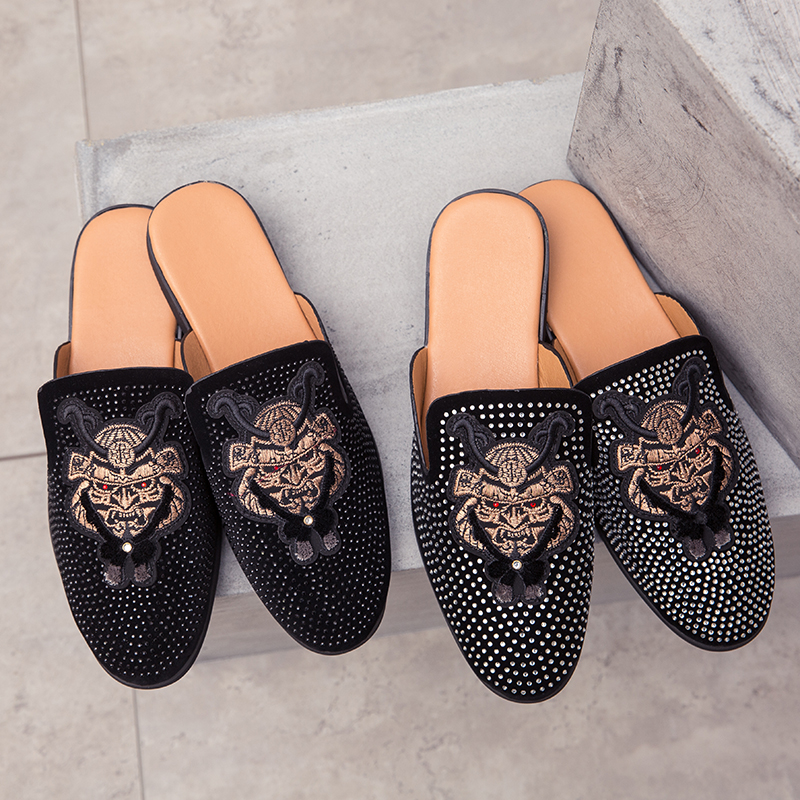 

Big Size Half Shoes for Men 2021 Embroidery Leather Slippers Flip Flops Sandals Classic Mules Slides Outdoor Casual Man Loafers, Ypxh-018-black