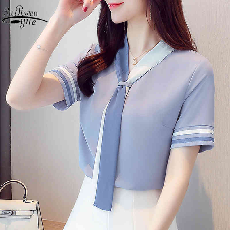 

Solid Short Sleeve Chiffon Blouse Koran Women Tops and Blusas Mujer De Moda Summer Elegant Clothes 9565 210521, Apricot