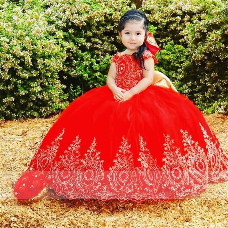 

Girl's Dresses Elegant Ruffles Ball Gown Flower Girl Appliques Kids Princess For Wedding Pageant Gowns Vestidos De Fiesta, Red;yellow