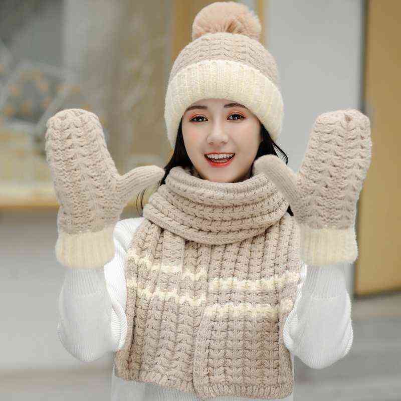 

Women Winter 3pcs Pompom Beanie Hat Long Scarf Gloves Set Contrast Color Chunky Knit Plush Lined Skull Cap Neck Warmer