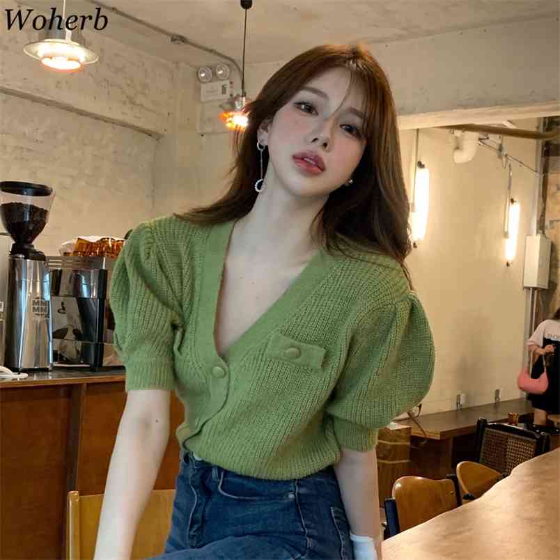

Thin Cardigans Women Fashion Korean Chic Vintage Short Puff Sleeve Sweaters Casual Solid Knitted Tops Coat 210519, Yellow