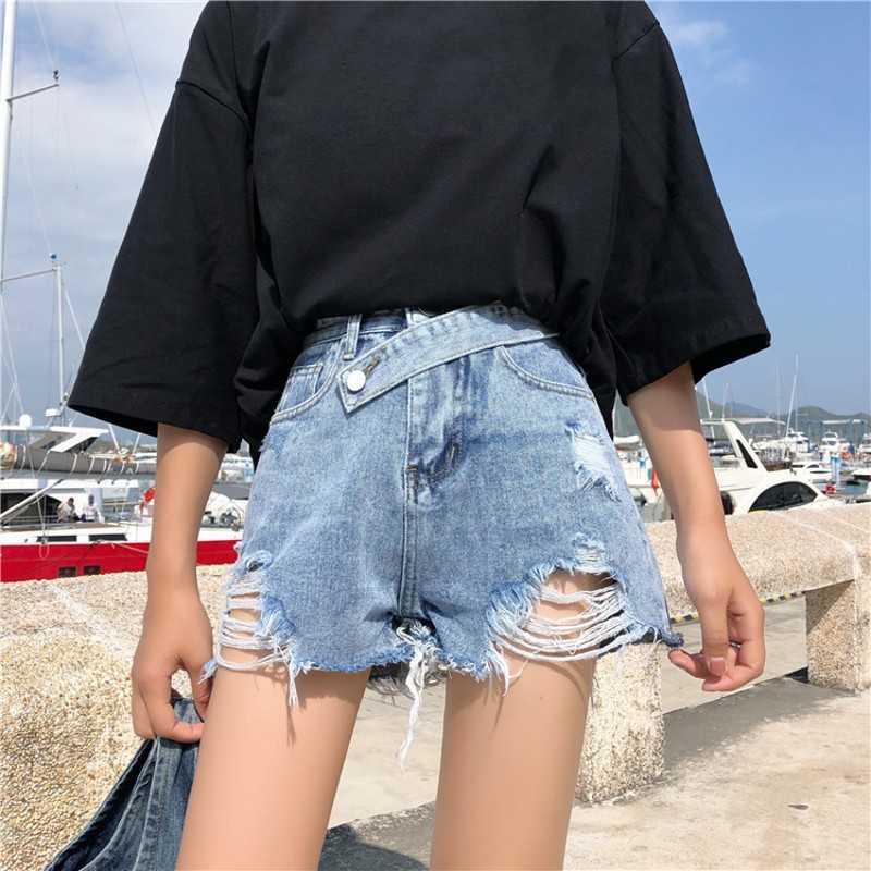 

Ripped Pocket Women Shorts Summer Casual Denim Vintage Hole for 210601, Sky blue