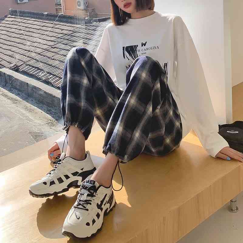 

Plaid Pants Women Spring Summer Fashion Black High Waist Casual Loose All-Match Trousers Plus Women' Harem 210603, Black white
