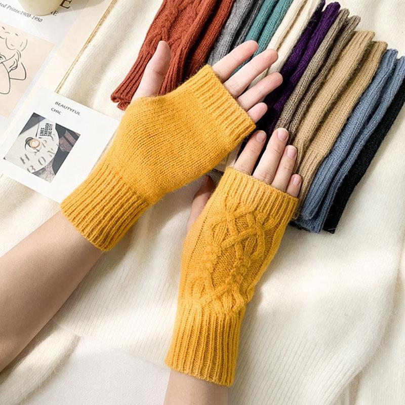 

Five Fingers Gloves Autumn And Winter Solid Color Fingerless Knitted Cute Twisted Pattern Student Men Women Couple Woolen, Blue;gray