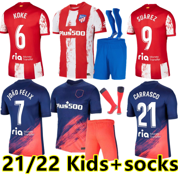 

21 22 Atletico Madrid Soccer Jerseys SUAREZ JOÃO FÉLIX 2021 2022 M. Llorente CORREA KOKE Camisetas de fútbol LEMAR CARRASCO kids+socks Football Shirt, 21/22 home