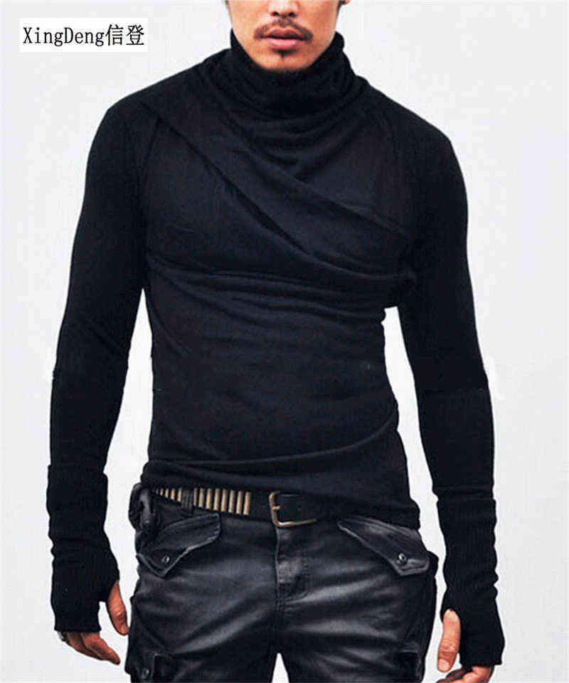 XingDeng men turtleneck mittens long sleeve T-shirt Men fashion casual tee gloves male slim fit punk costume clothing top coats G1222-image-747716370