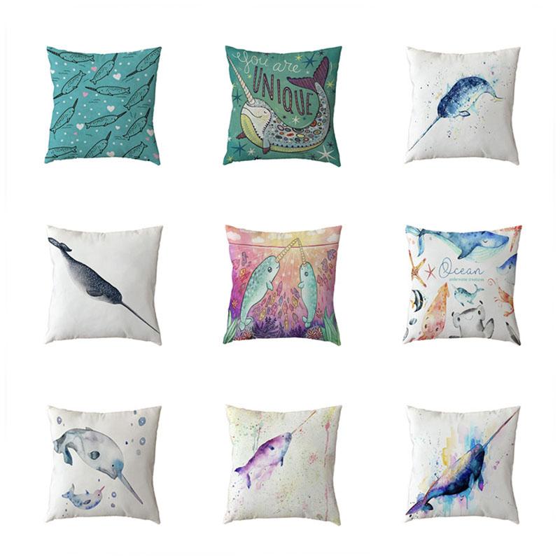 

Ocean Series Narwhal Print Cushion Cover Polyester Peach Skin 45 *45cm Square Pillowcase Family Bedroom Sofa Chair Decoration Cushion/Decora