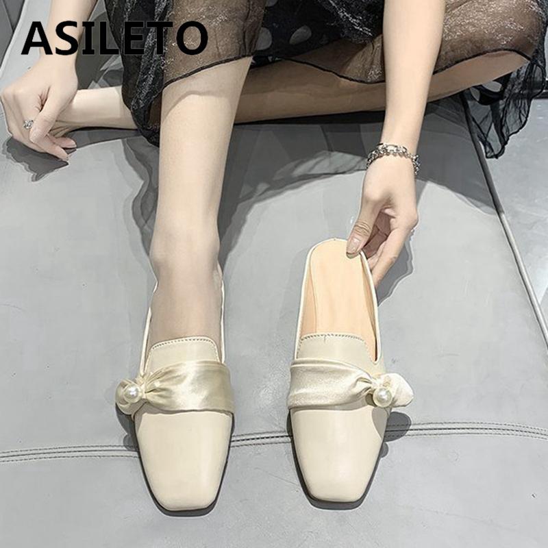 

2021 Women Slipper Square Toe 2cm Block Heels Slip-On Pearl Elegent Soft Comfort Big Size 35-40 Summer Beige F1157 Slippers, Black