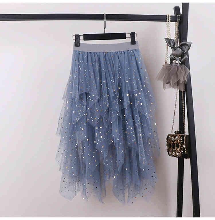 

Qooth Spring Summer Female Sequined Stars Lace Skirts Women's Solid color Elastic Waist Irregular Mesh Pleated Skirt QH1710 210518, Beige