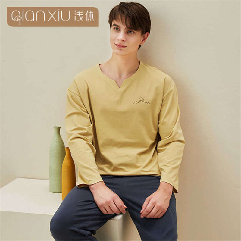Sleepwear Male Spring Autumn Cotton Bamboo Fiber Men Pajamas Set Casual Long Sleeve + Long Pants 2 Pieces Men's Pajama Pullover 210928
