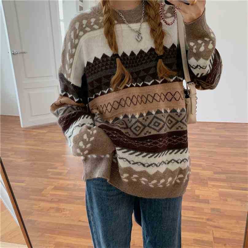 

Women Oversize Argyle Sweater Spring Autumn Long Sleeve Loose Plus Size Pullover Tops Woman Korean Knitted Sweaters 210525