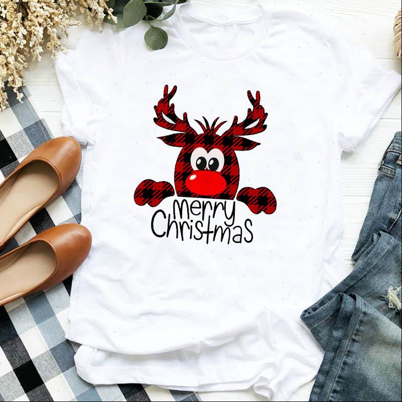 

women t shirts lady kawaii happy plaid deer clothes cartoon fashion merry christmas tshirt female graphic shirt tee, White