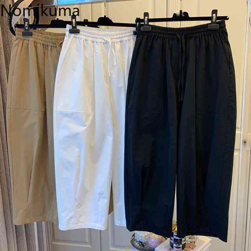 Nomikuma Causal Lace Up Waist Woman Pants Causal Solid Wide Leg Trousers Spring Summer New Solid Ankle-length Pants 6H215 210427