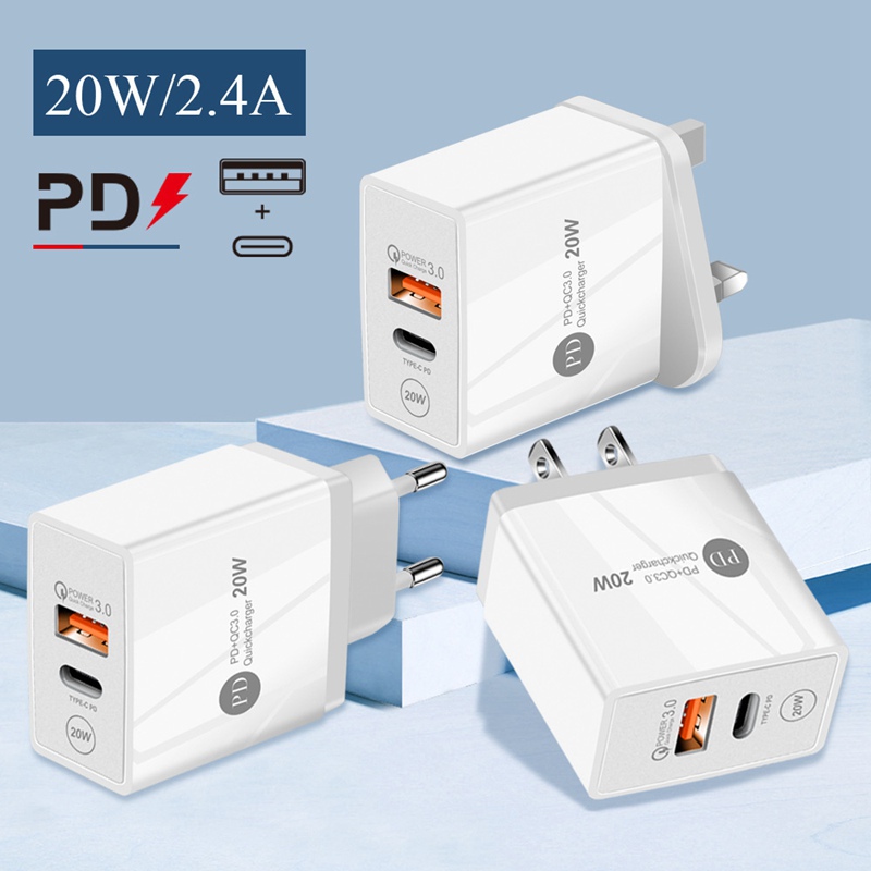 

PD Type-C 20W Charger with QC3.0 Adaptive Fast Charging USB Mobile Phone 2 Dual Port Wall Travel Charger for iPhone 12 13 Pro Samsung S20 S10 S9 S8 Note20 retail package