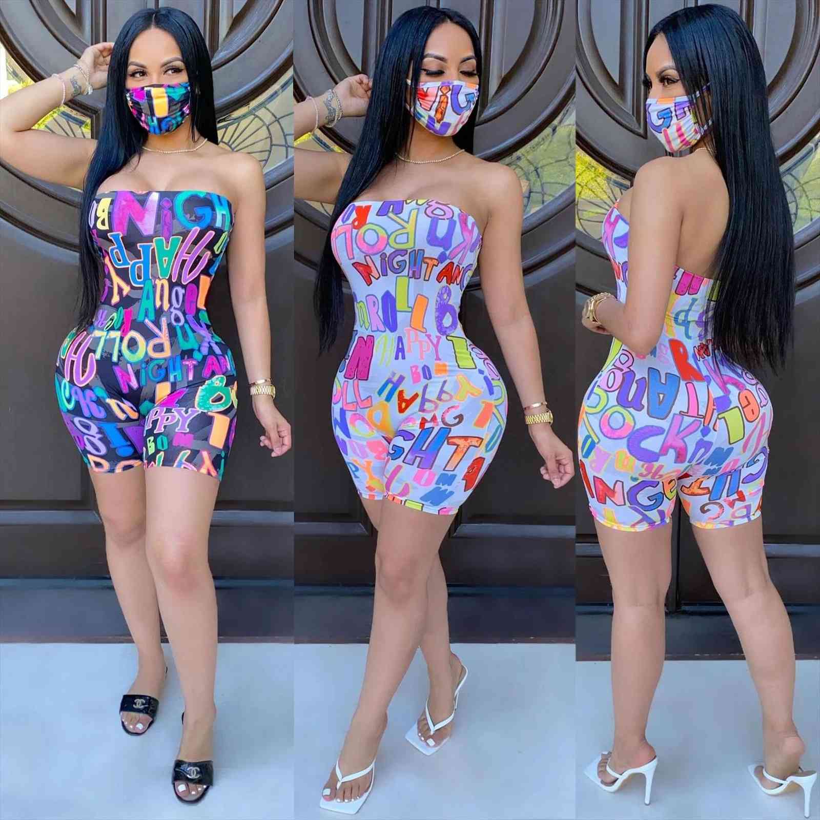 

letter print and strapless womens romper playsuit streetwear summer fashion, Black;white