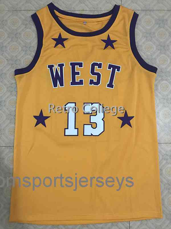 #13 Wilt Chamberlain 1972 All Star West yellow Retro Basketball Jersey Stitched Custom Any Number Name jerseys