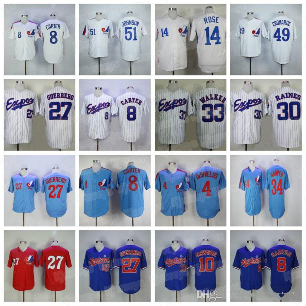 

Vintage 8 Gary Carter Montreal Expos 10 Andre Dawson 27 Vladimir Guerrero 30 Tim Raines 45 Pedro Martinez 34 Harper 37 Steve Rodgers Jersey, Light blue