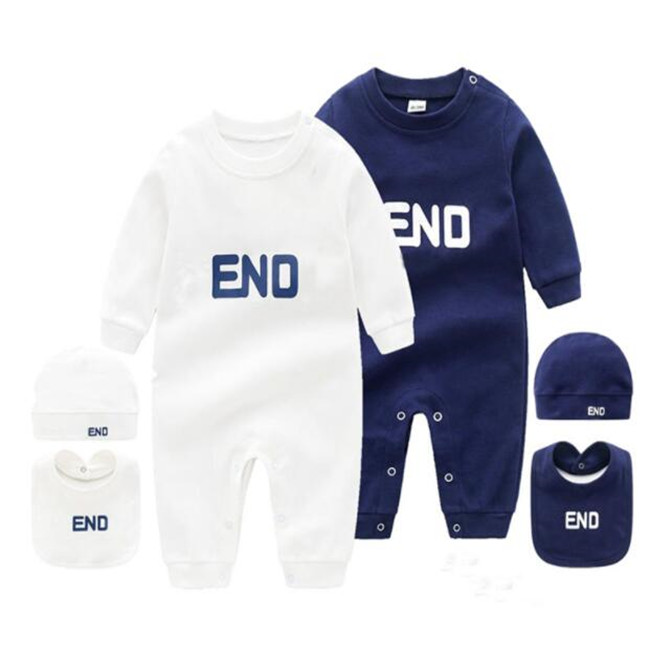 

Fashion Brand Baby Boys Girls Rompers Toddler Cotton Long Sleeve one-piece Jumpsuits Infant Onesies Romper+Bib+Hat 3pcs Sets Kids design Clothes, Blue