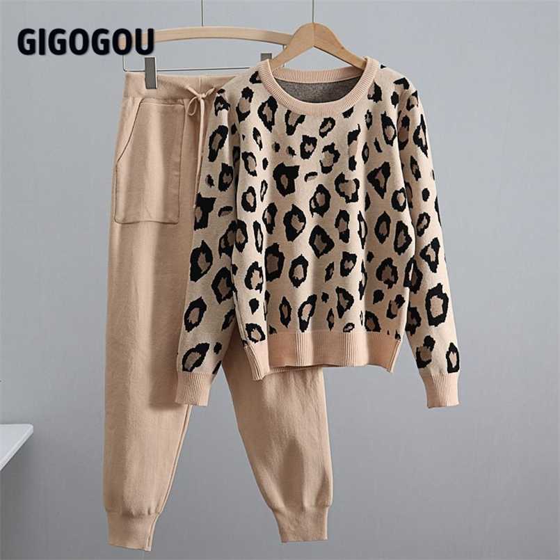 

GIGOGOU Leopard Knitted Women Sweater Costume Autumn Winter Pullovers 2 Peice Set Tracksuits Two Piece Set Korean Sports suits 211109, Blue