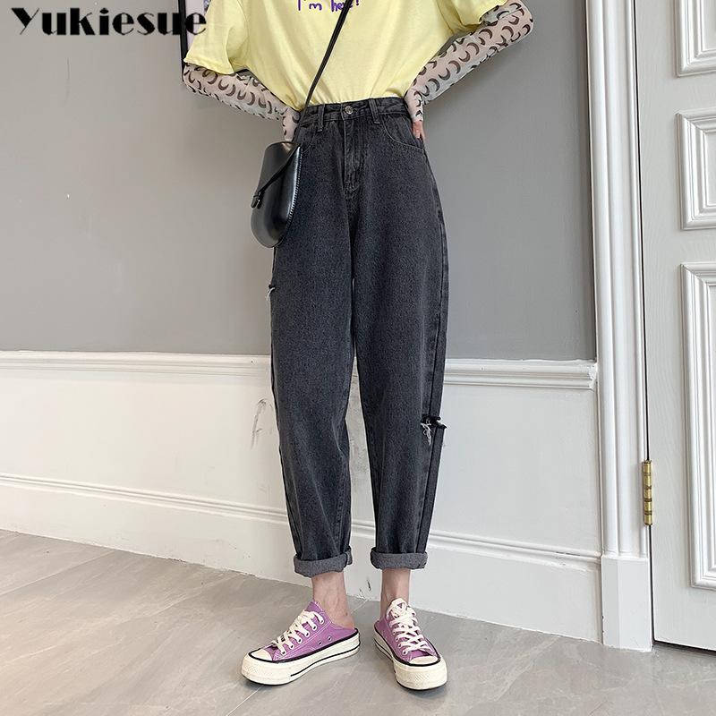 

autumn Ripped Boyfriend Jeans For Women Fashion Loose Vintage High Waist Plus Size XL Pantalones Mujer Vaqueros 210518, Black gray