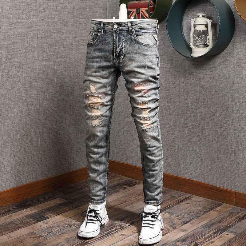 

Italian Style Fashion Men Jeans Retro Elastic Cotton Slim Ripped Streetwear Embroidery Patchwork Designer Denim Pants, Retro yellow blue