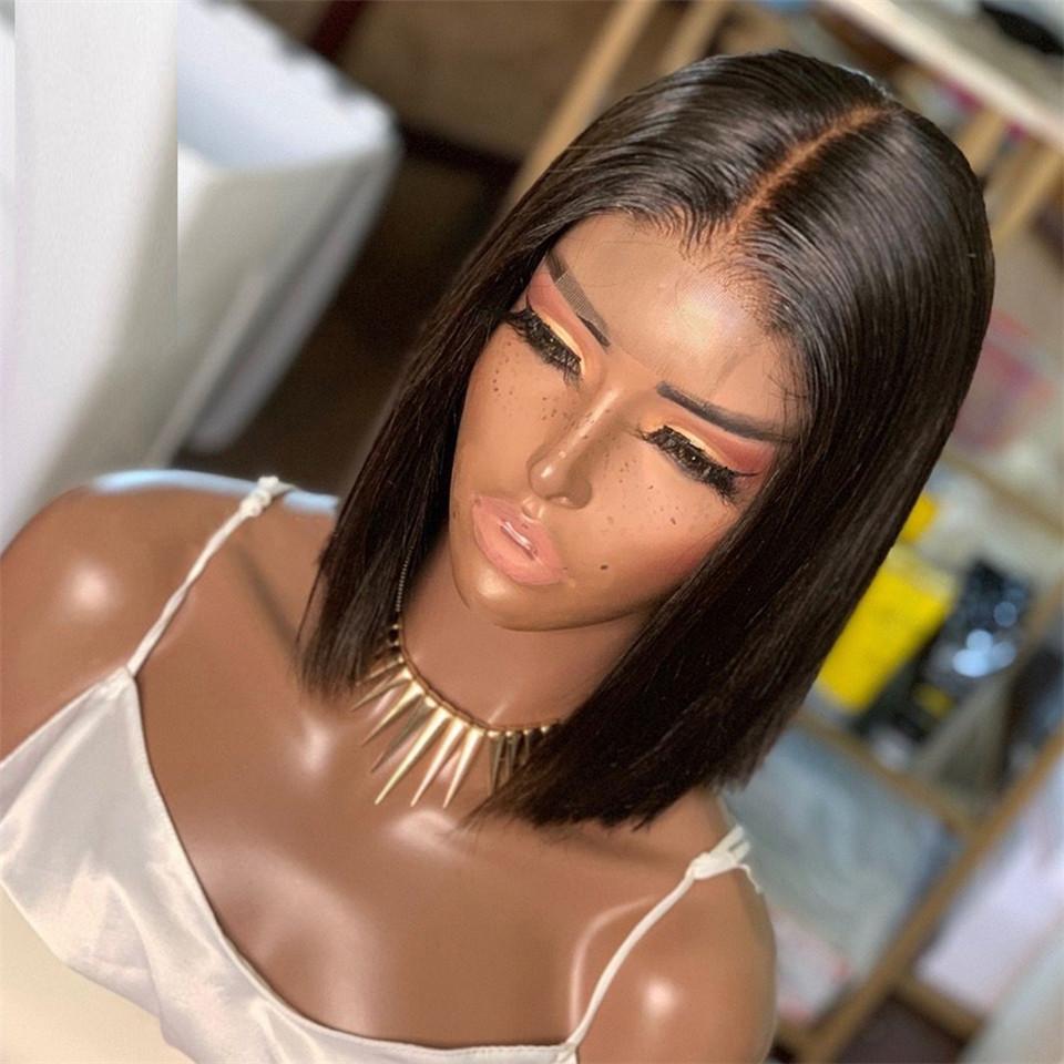 

Former Wig Ladies Bleached Knot Wig Light Yaki Straight Human Hair 130% Short Bob Lace, Natural color