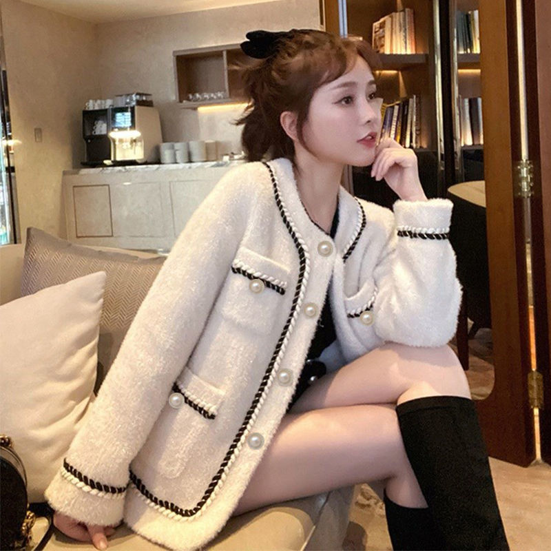

Women's Jackets coat of mink wool with buttons and pearls, short, elegant jacket, embroidered, soft fabric, street fashion, warm loose Y4FZ, 1# shoe box